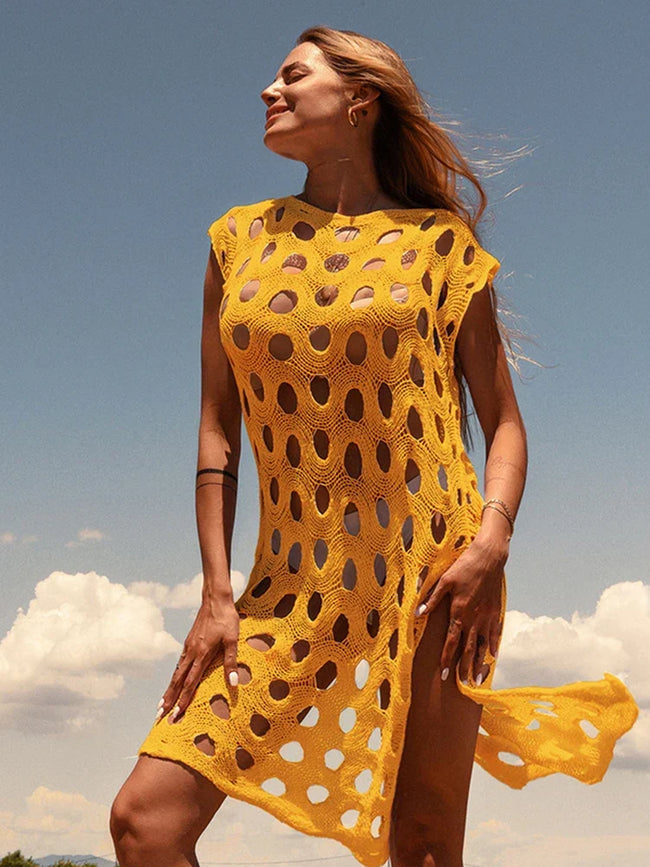 Knitted Hollow Out Bikini Cover Up Yellow / One Size Main image