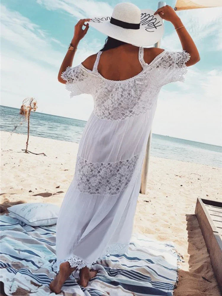 Lace Off Shoulder Bikini Cover Up WHITE / One Size