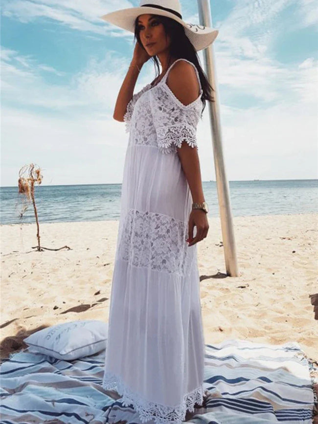 Lace Off Shoulder Bikini Cover Up WHITE / One Size Main image