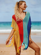 Contrast Color Tassel Hollow Beach Cover Up color3 / One Size