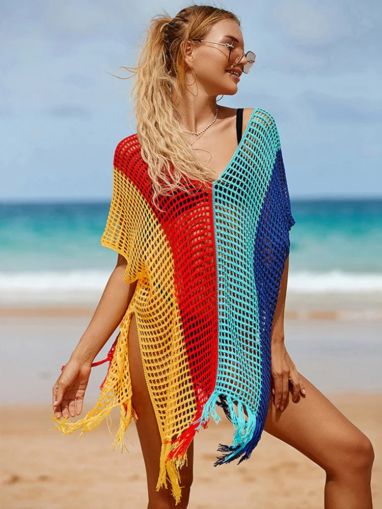 Contrast Color Tassel Hollow Beach Cover Up color3 / One Size