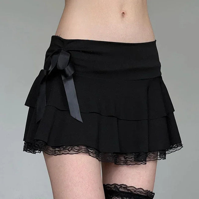 Lace Patchwork Bow A-line Skirt Black / S Main image