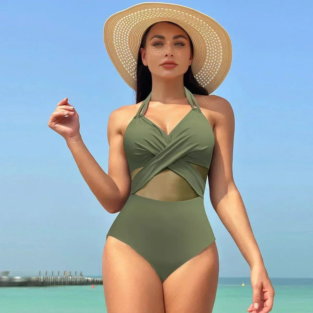 Solid Mesh V-neck One Piece Set army green / S