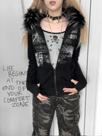 Dark Furry Patchwork Hooded Sweatshirt