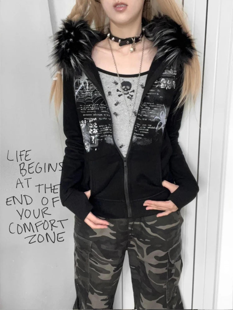Dark Furry Patchwork Hooded Sweatshirt