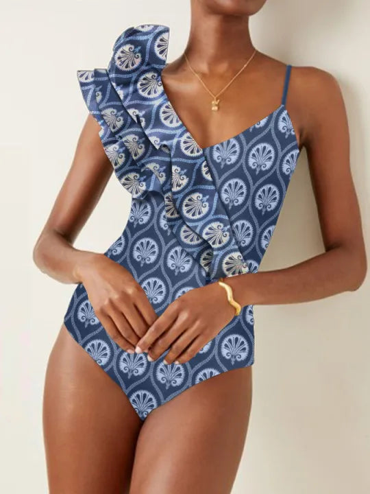 Blue Printed Deep V One Piece Swimsuit Blue / S onepiece-250223 Main image