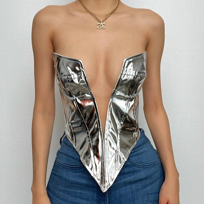 Strapless Open-Back Zip-Front Corset Top with a V-Neck Main image