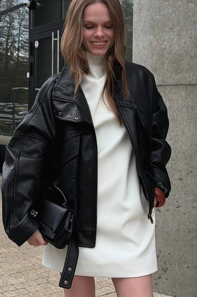 Black Leather Zip-Detail Collared Jacket Main image