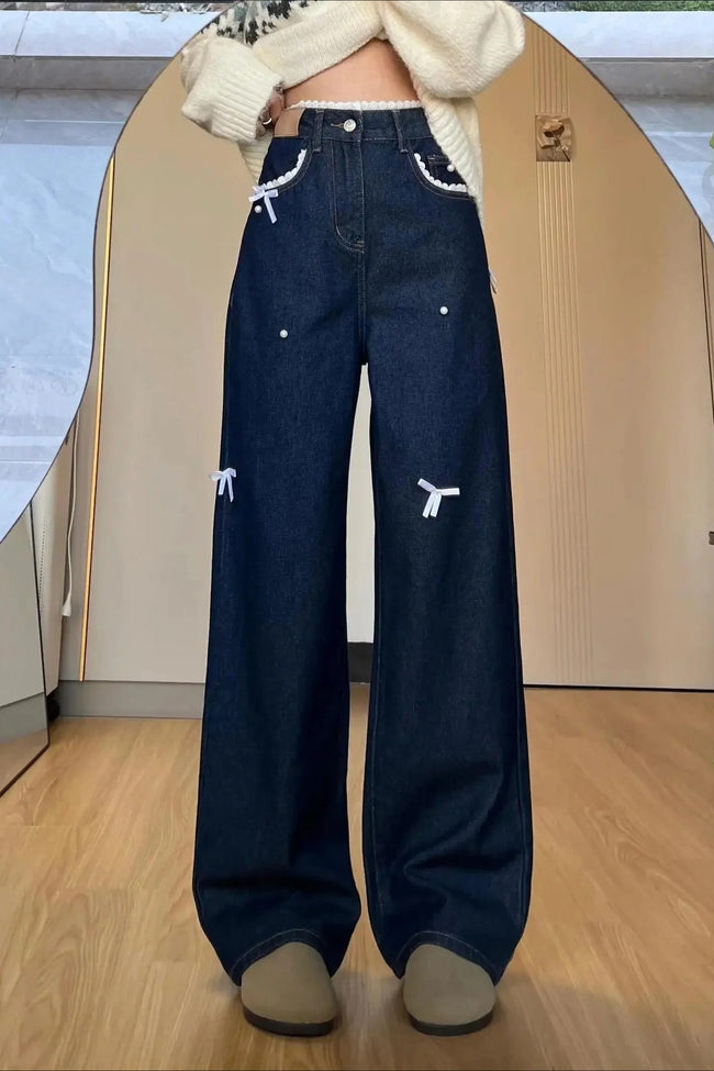 Butterfly Wide-Leg Knotted Jeans with Lace Details Main image