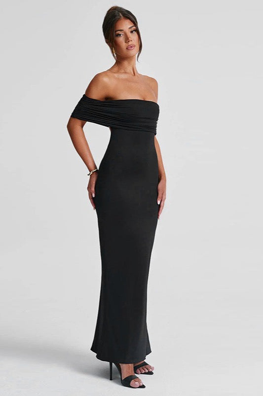 Solid Off Shoulder Ruched Formal Dress