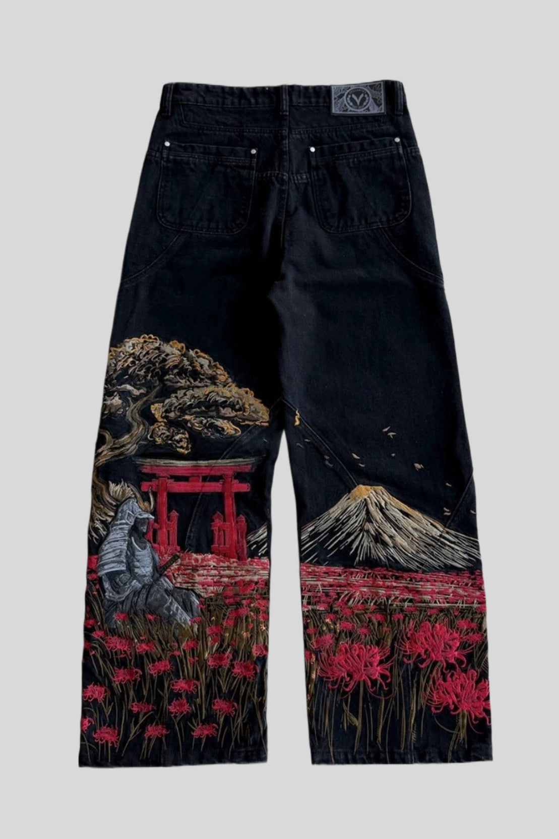 Wide-Leg Jeans with Mount Fuji Embroidery