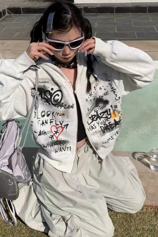 Gray Graffiti-Print Zip-Front Cropped Hoodie