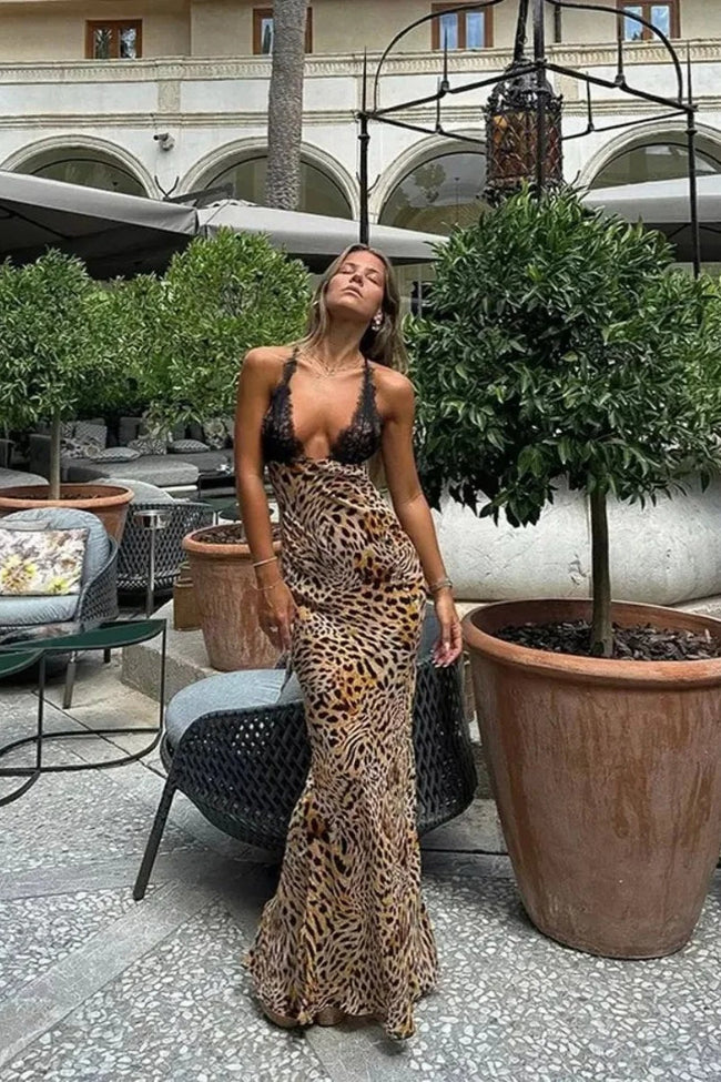 Leopard-Print Maxi Dress with Lace Trim Main image