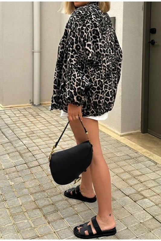 Animal-Print Zip-Front Lapel-Collar Coat