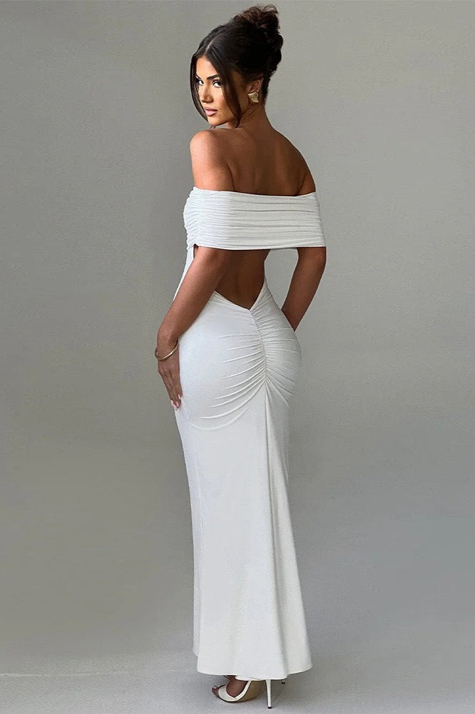 Solid Off Shoulder Ruched Formal Dress
