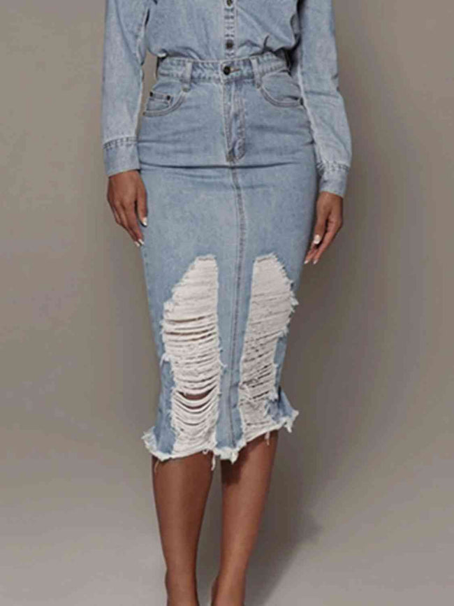Distressed Slit Denim Skirt Light clothes denim skirt jean skirt midi skirts S.S.Ni Ship From Overseas skirt skirts Main image