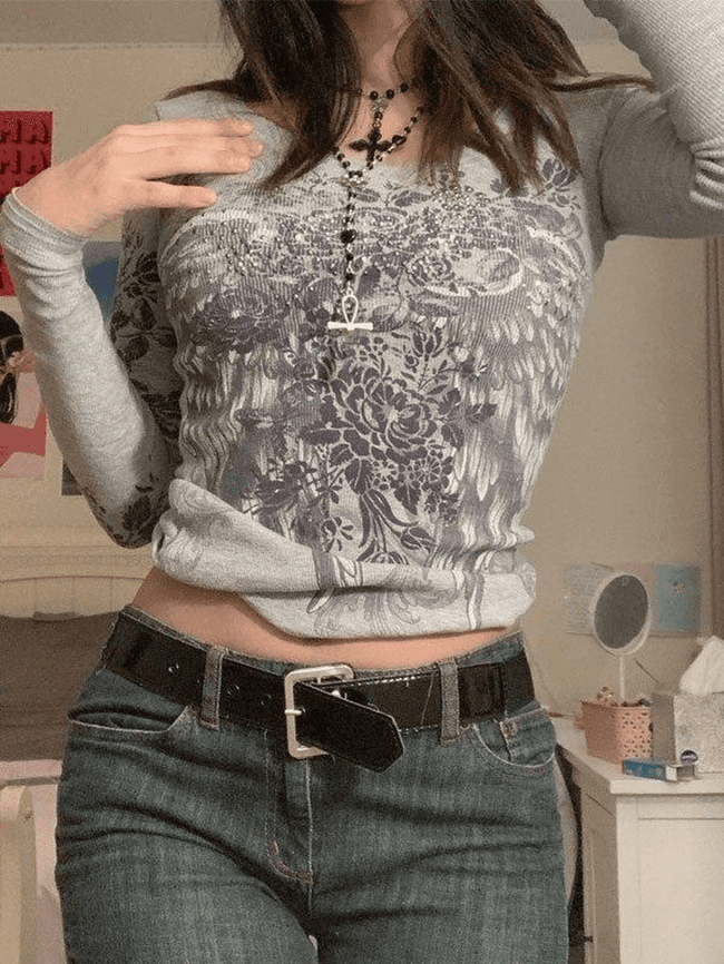 Floral Rhinestone Long Sleeve Crop Top Gray / S Tops&Tees Main image