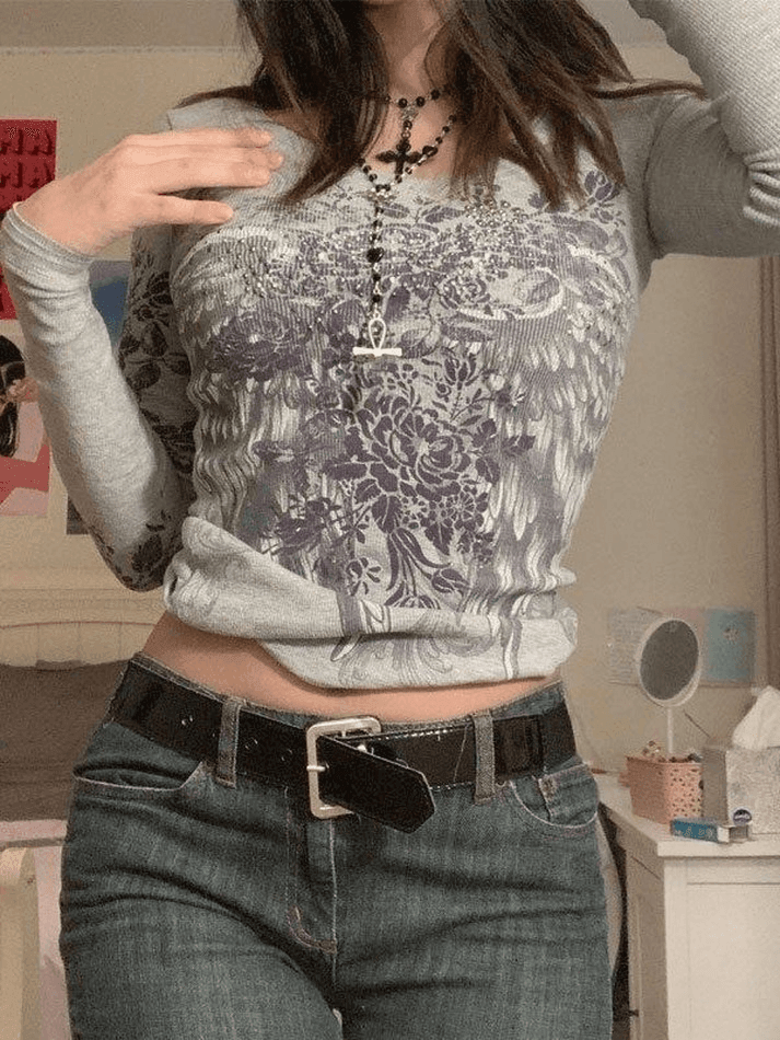 Floral Rhinestone Long Sleeve Crop Top Gray / S Tops&Tees