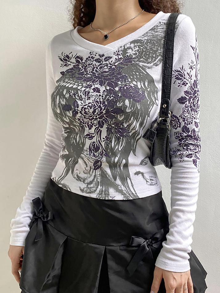 Floral Rhinestone Long Sleeve Crop Top White / S Tops&Tees