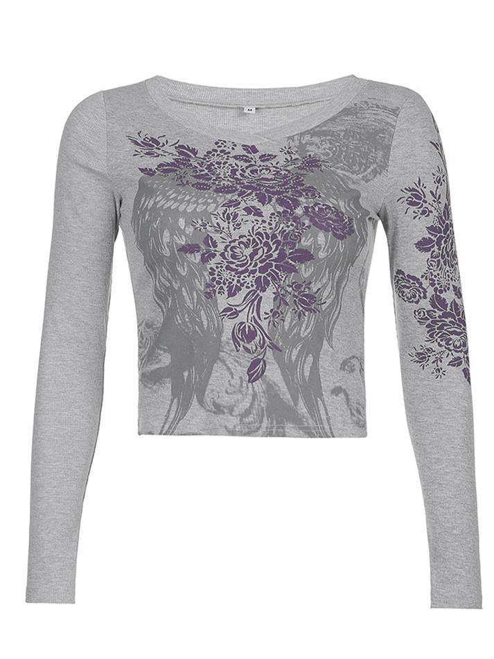 Floral Rhinestone Long Sleeve Crop Top Tops&Tees
