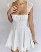 Sweetheart-Neck Short-Sleeve Mini Dress with Lace Details