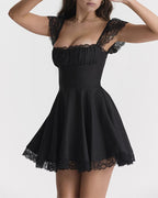 Sweetheart-Neck Short-Sleeve Mini Dress with Lace Details