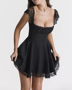 Sweetheart-Neck Short-Sleeve Mini Dress with Lace Details