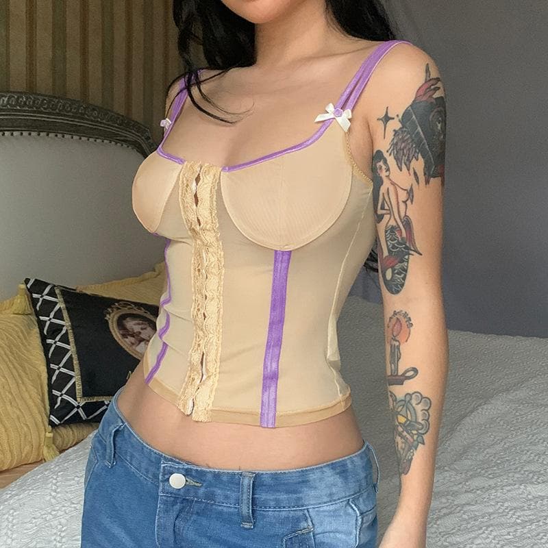 Strappy Open-Back Cropped Cami Top with Lace Details