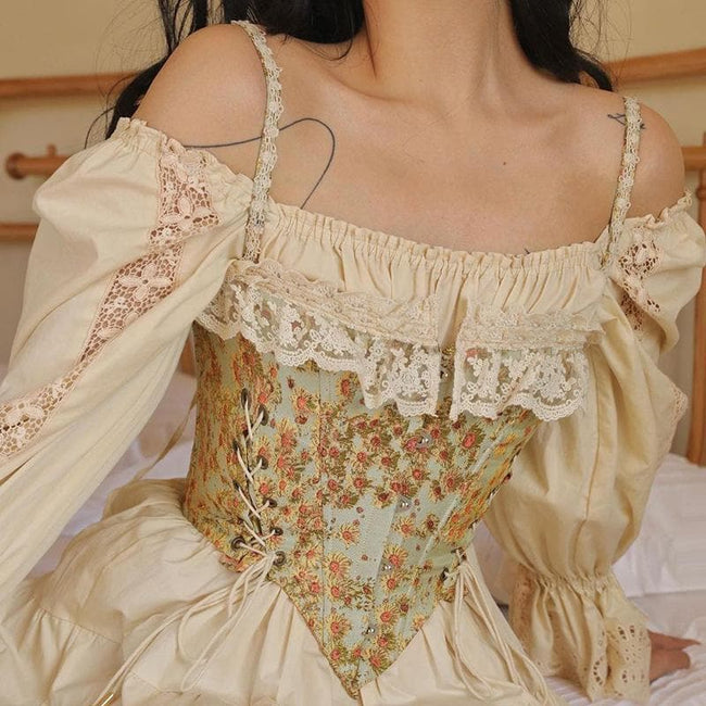 Floral Lace Ruffled Corset Top with Lace-Up Details Main image