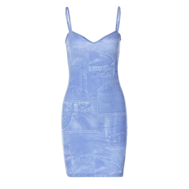 Denim-Print V-Neck Strappy Mini Dress with an Open Back