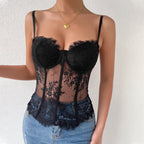 Sweetheart-Neck Lace Corset-Style Cami Top with Embroidery