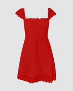 Sweetheart-Neck Short-Sleeve Mini Dress with Lace Details