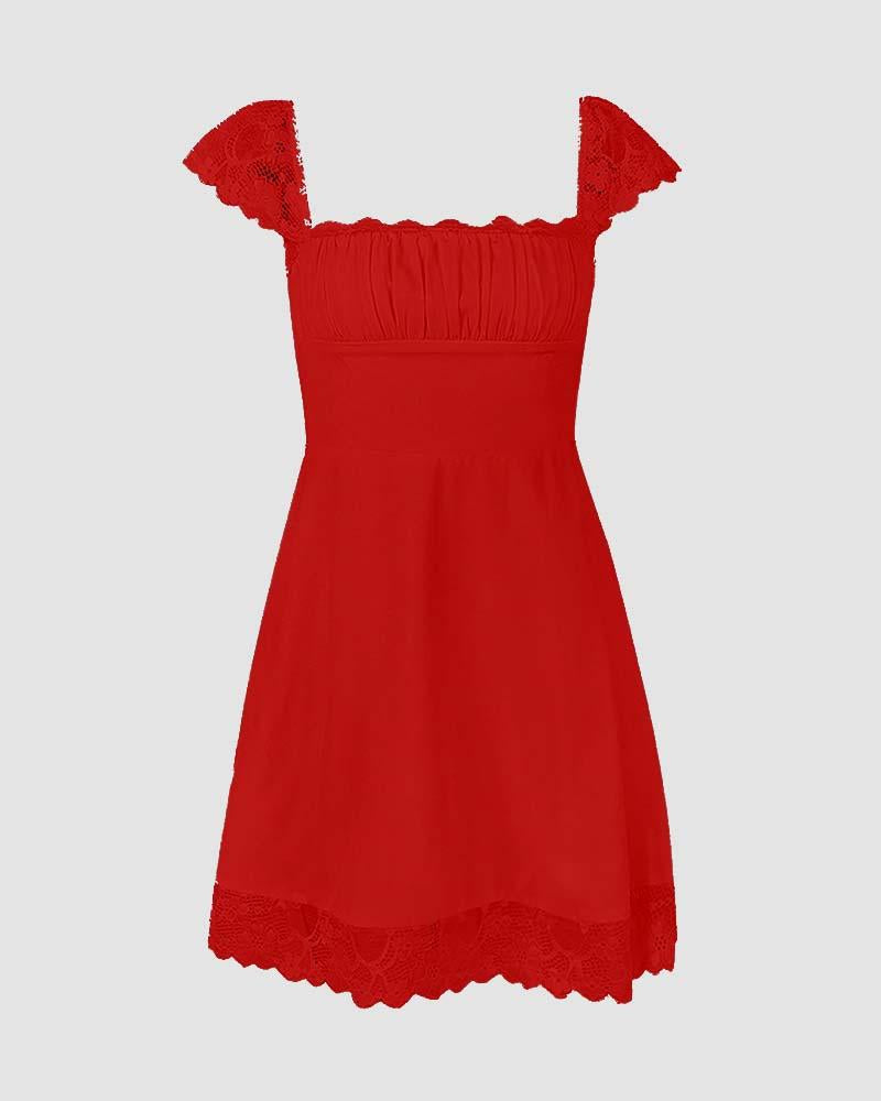 Sweetheart-Neck Short-Sleeve Mini Dress with Lace Details