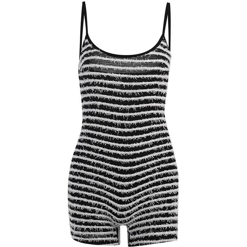 Striped Strappy Contrast-Detail Romper with an Open Back