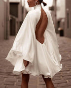 Satin Bell-Sleeve Dress with an Open Back