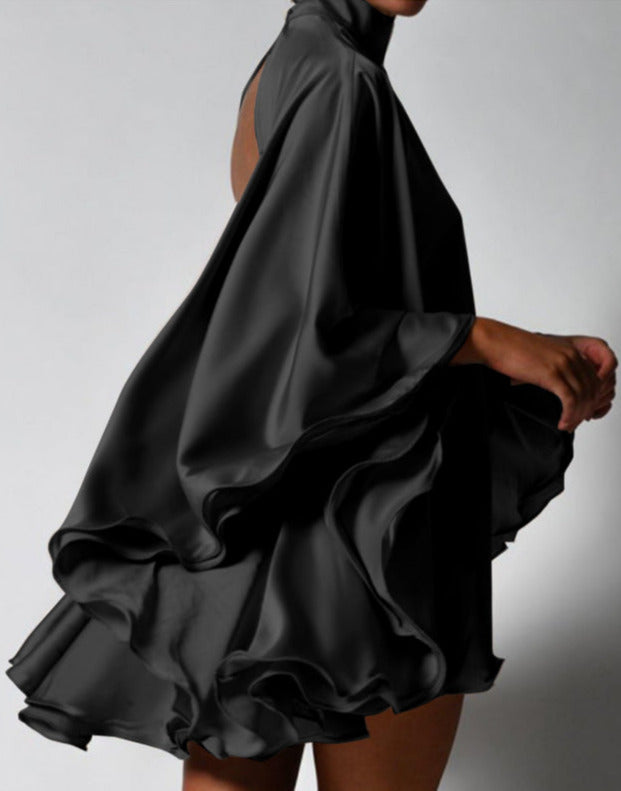 Satin Bell-Sleeve Dress with an Open Back